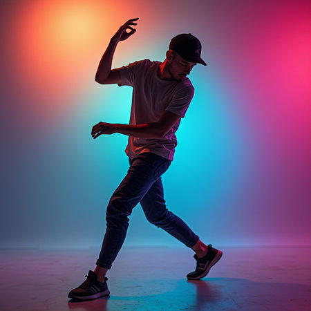 hip hop style dancer posing on studio background with colorful lights and shadowの素材