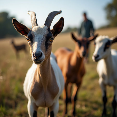Portrait of goat with man in the background on a summer pastureの素材