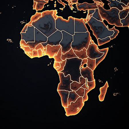 Map of Africa with glowing continents on dark background. 3d renderingの素材