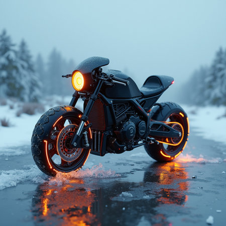 3D rendering of a black motorcycle in the winter forest on the roadの素材
