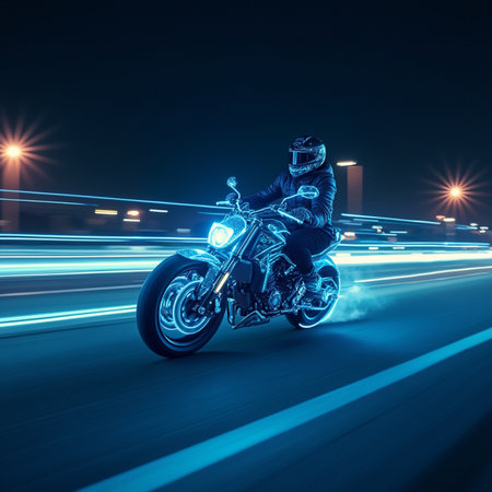 Motorcycle rider riding on the road at night. 3d renderingの素材