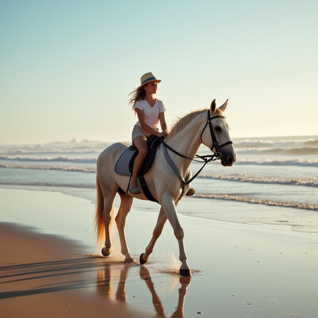 Young woman riding a white horse on the beach in the morning.の素材