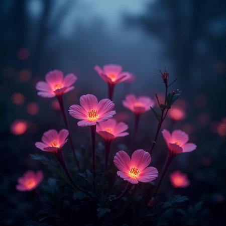 Flowers in the forest at night. Nature background. Selective focus.の素材