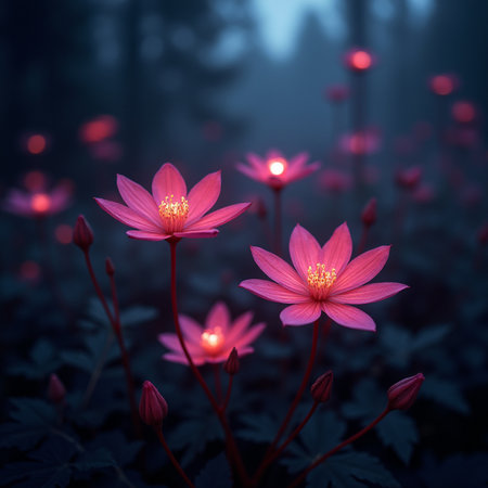 Beautiful pink flowers in the forest at night. Toned.の素材