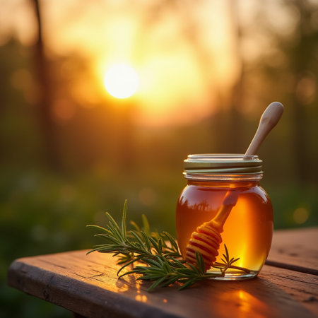 Honey in a glass jar with a wooden drizzler and rosemary on a wooden table at sunset.の素材