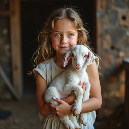 Cute little girl with white goat in her arms at home.の素材