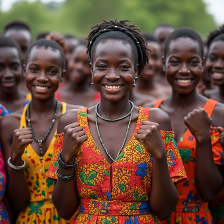 Unidentified Togolese girls in bright clothes pose at the Lome fetish market. Togo people suffer from poverty due to the bad economyの素材