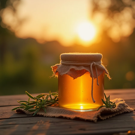 Honey in a glass jar on a wooden table against the background of the sunset.の素材