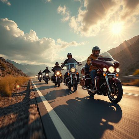 Motorcyclists riding on the road in the mountains at sunset.の素材