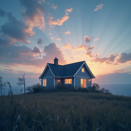 Lonely house in the field at sunset, 3d renderの素材