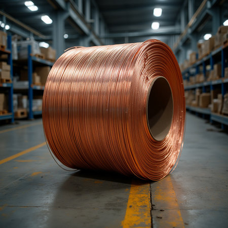 Rolls of copper wire in a warehouse. Industrial background. Selective focus.の素材