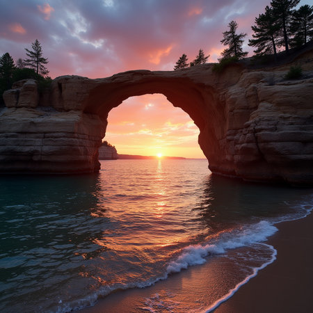Sunset at the famous natural rock arch in Adriatic Sea, Croatiaの素材