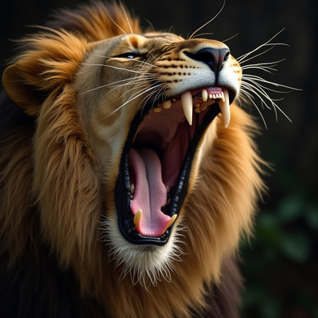 Portrait of a lion with open mouth and tongue sticking out.の素材