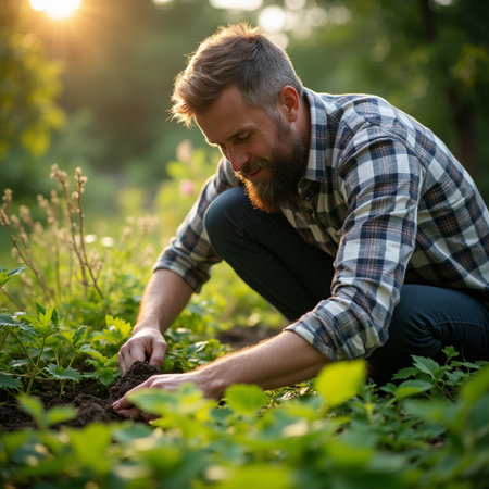 Handsome farmer planting seedlings in the garden at sunset.の素材