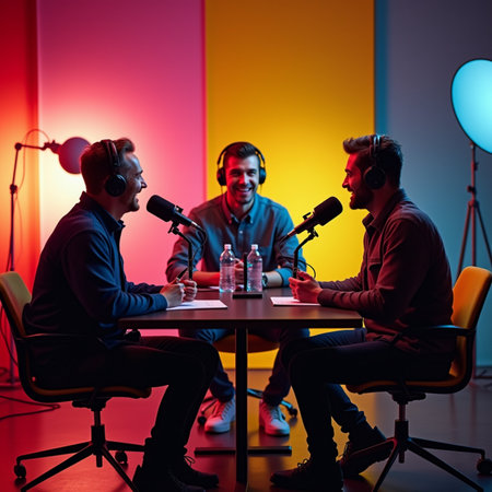 Three young men in headphones sitting at the table and talking to each other.の素材