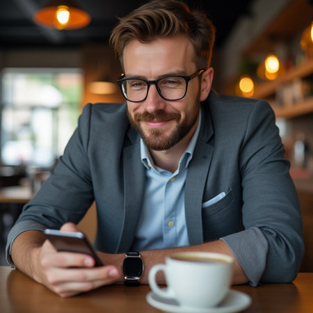 Portrait of handsome businessman using mobile phone in cafe. Young man in eyeglasses sitting at table with cup of coffee and looking at camera.の素材
