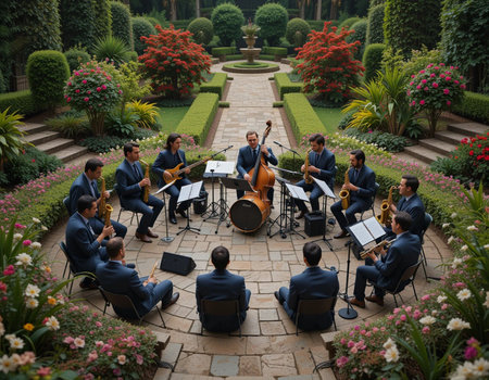 Musicians playing music in the gardenの素材