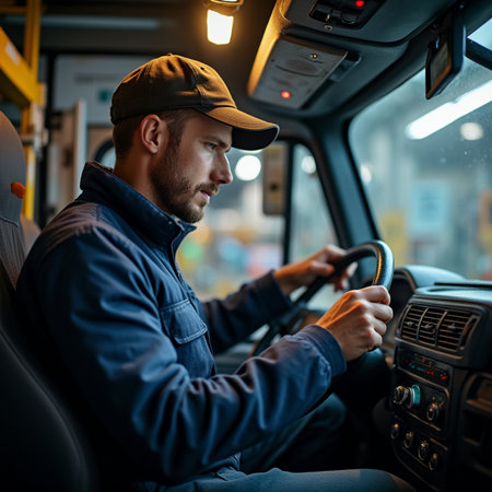 Portrait of a handsome man in a cap driving a bus.の素材