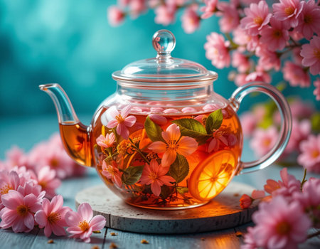 Cherry tea in glass teapot with pink sakura flowersの素材