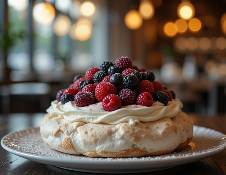 Meringue Pavlova with fresh berries, selective focus.の素材