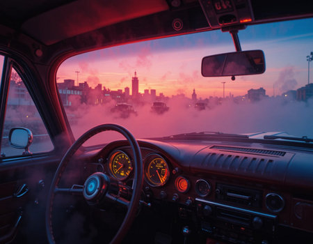 View from the inside of a car on a foggy sunrise.の素材