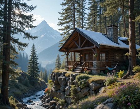 Wooden house in the middle of the forest with mountains in the backgroundの素材