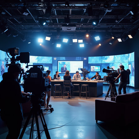 TV broadcast live on studio stage. Filmmaking. News.の素材