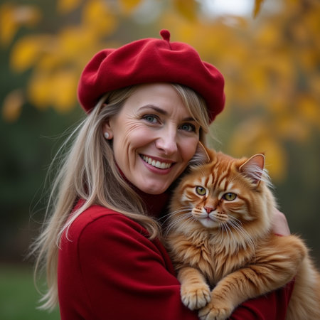 Woman in red coat and beret with cat in autumn park.の素材