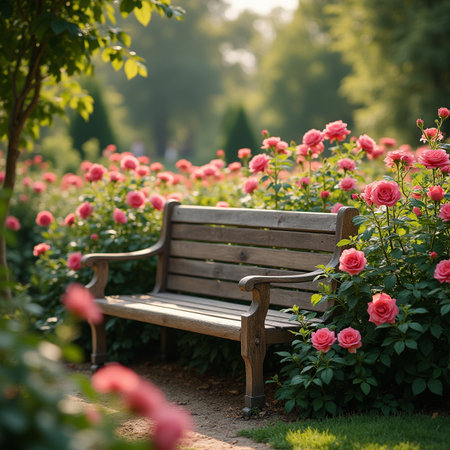 Wooden bench in a blooming rose garden with pink flowers.の素材