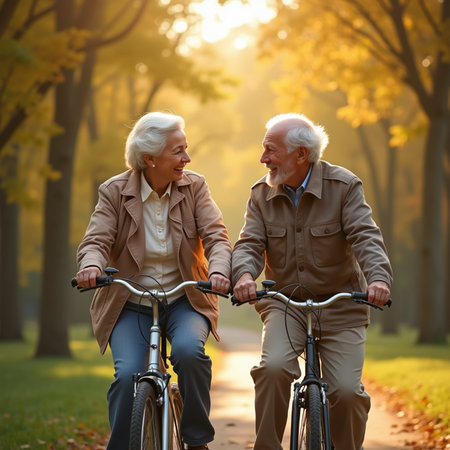 Happy senior couple riding bicycles in the park. They are looking at each other and smilingの素材