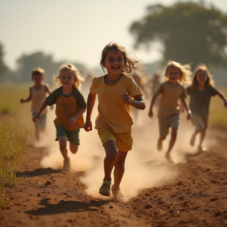 Group Of Children Running On Field Through Sand In Summertime With Sunlightの素材