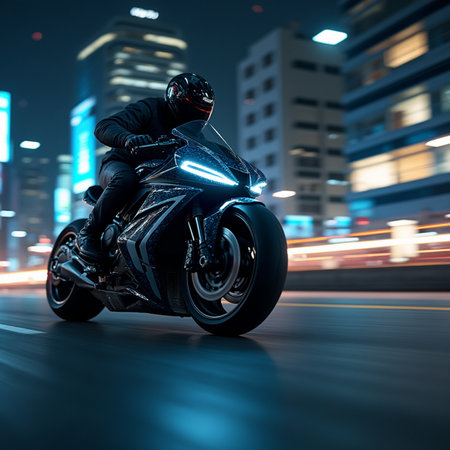 Motorcycle rider riding on the road in the city at night.の素材