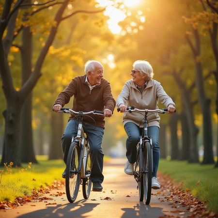 Senior couple riding bikes in the park. They are looking at each other and smiling.の素材