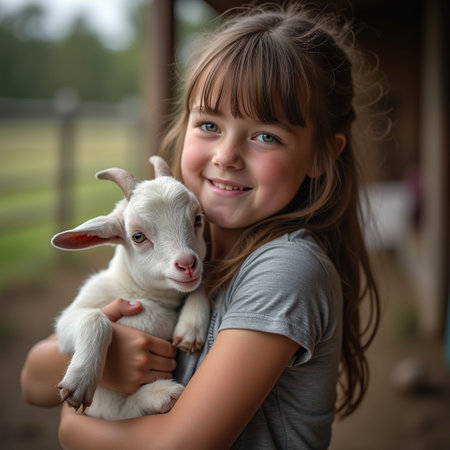 Portrait of a cute little girl with a goat in her armsの素材