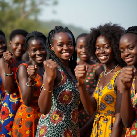 Portrait of a group of young African women smiling at the camera.の素材
