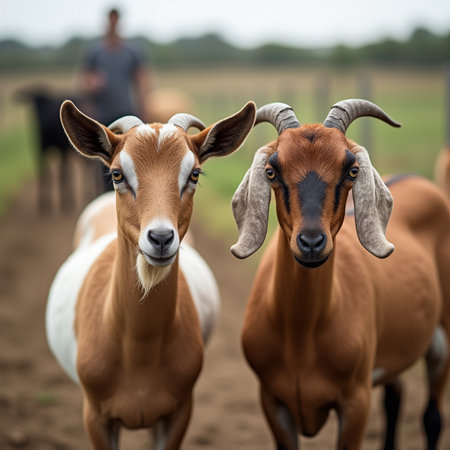 Portrait of two goats looking at the camera on a farm.の素材