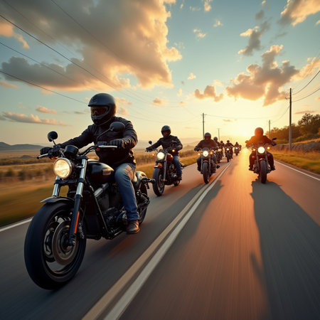Motorcyclists riding on the road at sunset, motion blur.の素材