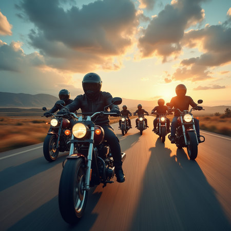 Motorcyclists riding on the road at sunset, motion blur.の素材