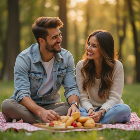 Beautiful young couple is having picnic in the park and smiling.の素材