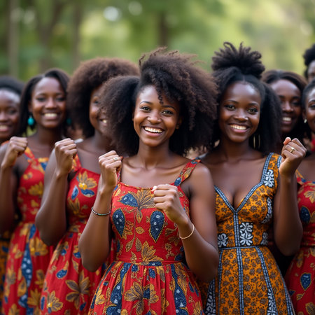 Group of happy african american women in colorful dresses dancing together at the park.の素材
