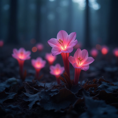 Beautiful pink crocus flower in the dark forest at night.の素材