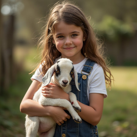 Portrait of a cute little girl with a goat in her armsの素材