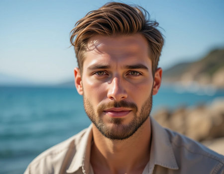 Portrait of a handsome young man with beard on the beach.の素材