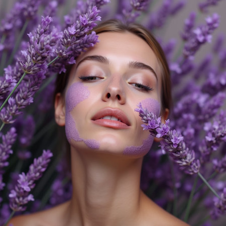 Beautiful young woman with purple facial mask and lavender flowers.の素材