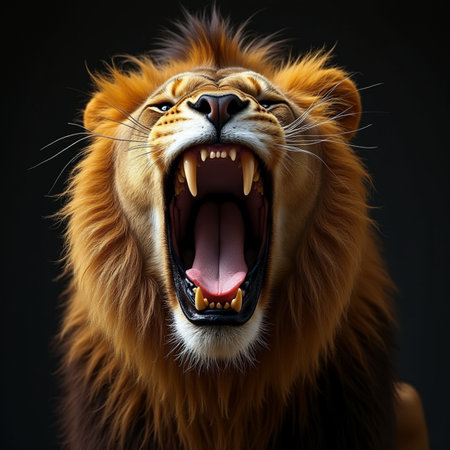 Portrait of a lion with open mouth on a black background.の素材