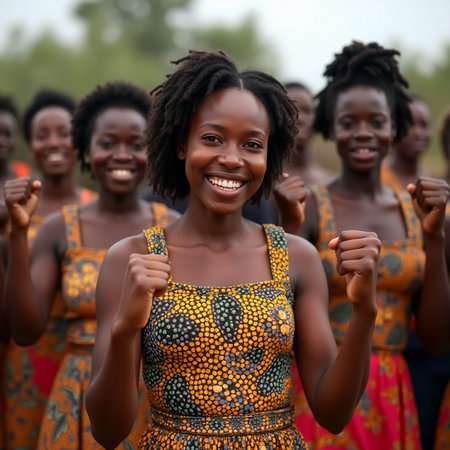 Unidentified Beninese woman in orange dress smiles at the voodoo festival, which is annually celebrated.の素材