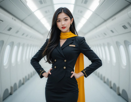 beautiful Asian woman in black suit and yellow scarf in the airplaneの素材