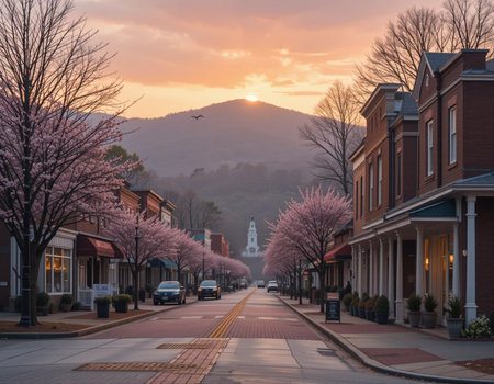 Cherry blossoms along the street at sunset in Spring, Washington.の素材