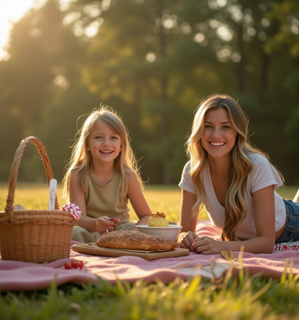Happy mother and her daughter having picnic in the park at sunset.の素材