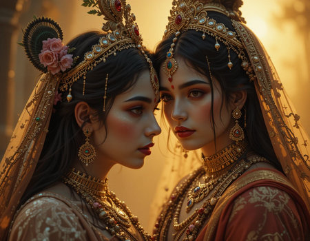 Portrait of two beautiful Indian brides in traditional costume.の素材
